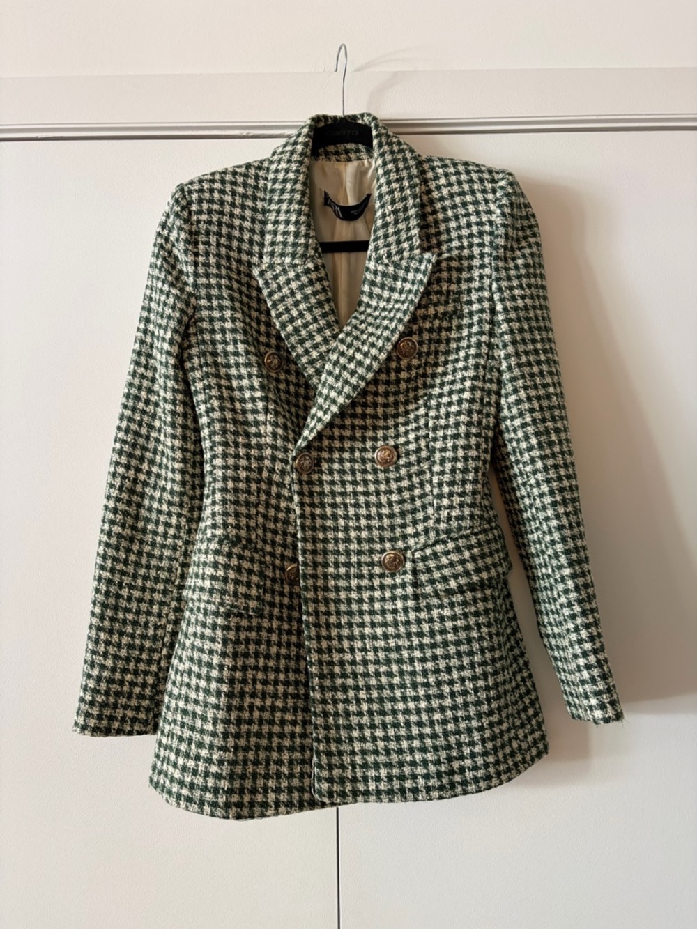 Women's Green Houndstooth Double-Breasted Coat